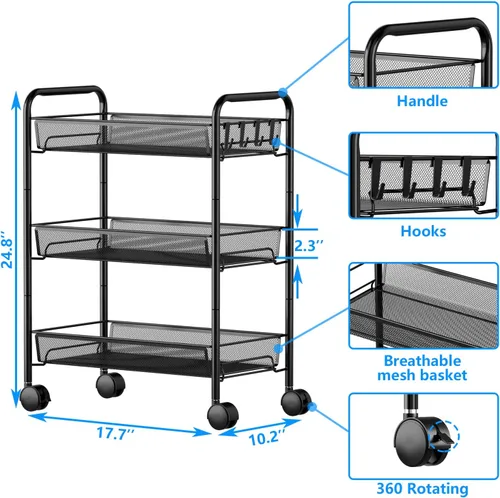 Miniatura 6 de OVICAR Carro rodante de 3 niveles de alambre de malla, carrito de almacenamiento de cocina, soporte multifunción para baño, carrito de Negro