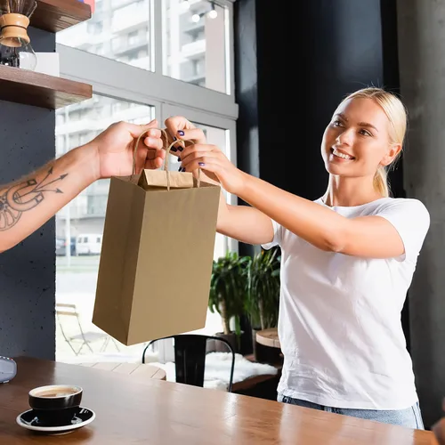 Miniatura 3 de Bolsas de papel kraft de Prime Line Packaging, bolsas de regalo marrones con asas, pequeñas bolsas de compras artesanales al por mayor
