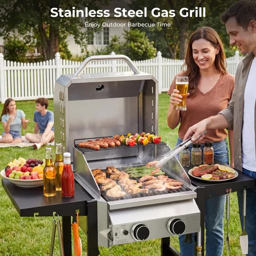 Miniatura 8 de Electactic Parrilla de gas propano de 2 quemadores, parrilla de barbacoa de acero inoxidable de 16,000 BTU con mesas laterales plegables, diseño