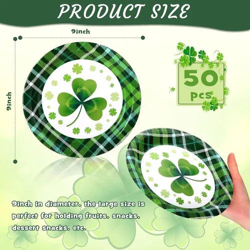 Miniatura 2 de Rtteri 50 platos de papel del día de San Patricio, platos desechables de tréboles de la suerte de 9 pulgadas, platos redondos para fiestas