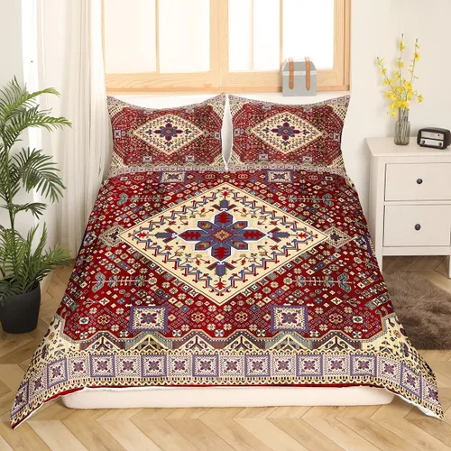 Miniatura 16 de Juego de funda de edredón persa individual, juego de ropa de cama exótica bohemio, azul, amarillo, degradado, rojo, floral, bohemio, tribal, encaje