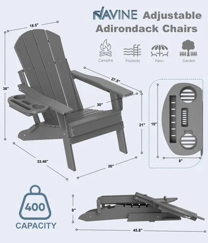 Miniatura 2 de NAVINE Juego de 4 sillas Adirondack ajustables con soporte para tazas, sillas para hoguera de polietileno de alta densidad para todo tipo de clima
