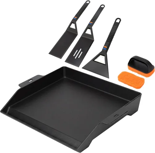 Utheer Griddle Kit, 17" x 13" Pre-Seasoned Cast Iron Flat Top Griddle with 5-Piece Scratch-Free Nonstick Safe Nylon Tools, Universal Grill Griddle