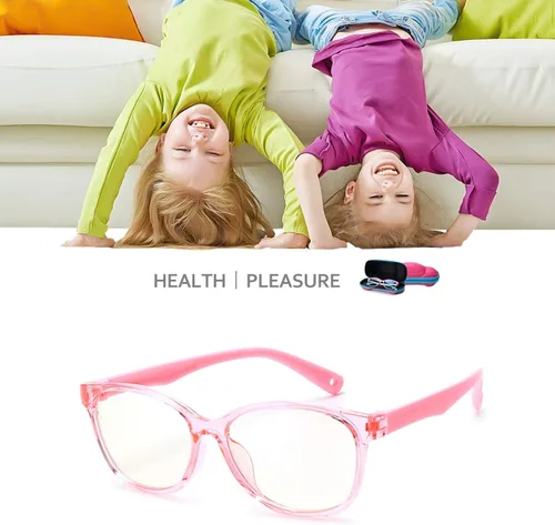 Miniatura 7 de Gafas de luz azul para niños y niñas con bonita funda de automóvil, protección UV400, antirayos azules, edades de 3 a 12 años Rosa Transparente