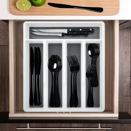 Miniatura 6 de HaWare Juego de cubiertos negros de 49 piezas con organizador de cubiertos, cubiertos de acero inoxidable con 8 cuchillos de carne, utensilios
