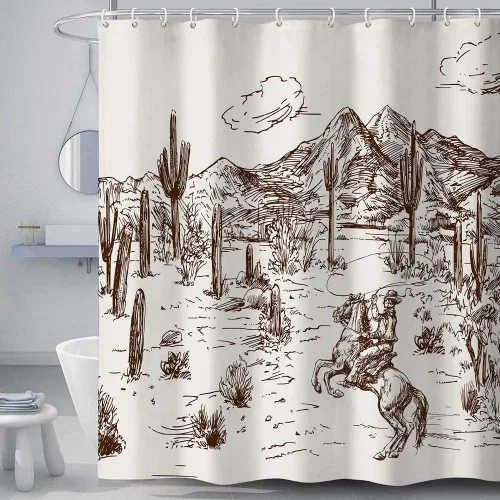 Miniatura 15 de Cortina de ducha de vaquero occidental, cortina de ducha de vaquero salvaje oeste, caballo y cactus del desierto, cortina de ducha para baño