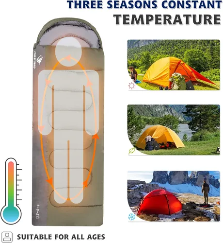 Miniatura 3 de Saco de dormir para adultos y niños, impermeable y ligero, saco de dormir con capucha de 3 estaciones para acampar, senderismo, viajes al aire libre