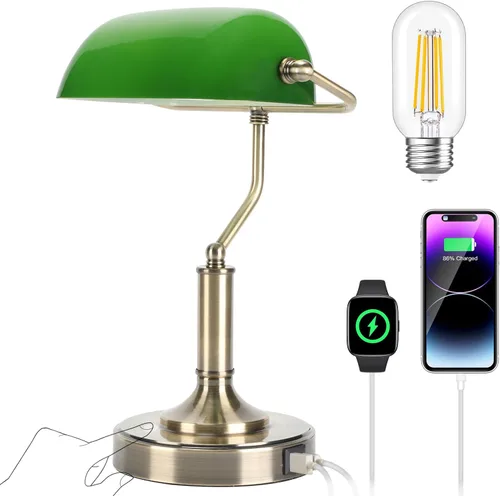 Miniatura 10 de LINNMON Bankers - Lámpara de escritorio verde con interruptor de cadena de tracción, lámpara retro con puertos de carga USB y tipo C, lámpara