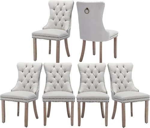 Miniatura 89 de Juego de 2 sillas de comedor de terciopelo, silla de comedor tapizada de alta gama con tirador de anillo en la espalda, adorno de clavos y patas