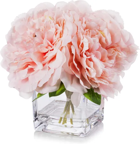 Miniatura 6 de Arreglos florales de peonía de seda en jarrón de cristal con agua sintética para decoración de mesa del hogar, mesa de boda, centro de mesa (azul)