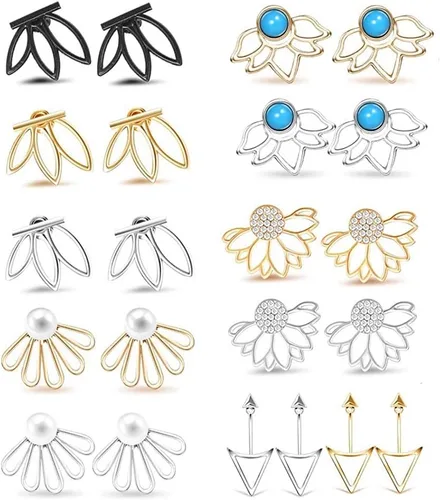 Juego de 11 pares de aretes de flor de loto para mujeres y niñas, juego para orejas ansitivas, joyería simple y elegante, Diamante de imitación