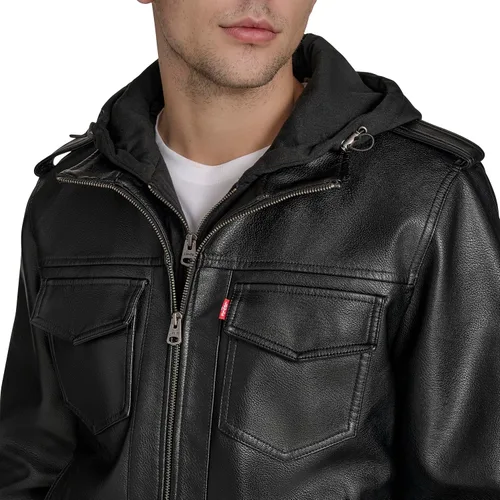 Miniatura 5 de Levi's Men's Faux Leather Aviator Bomber Jacket With Jersey Bib and Hood