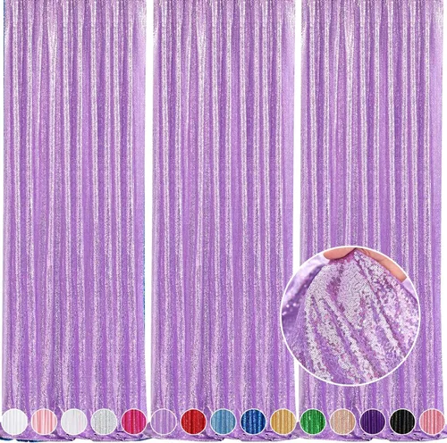 Miniatura 12 de Telón de fondo de lentejuelas moradas 2 paneles 2FTx8FT con purpurina telón de fondo cortinas para fiesta de Halloween fondo de fotos para bodas