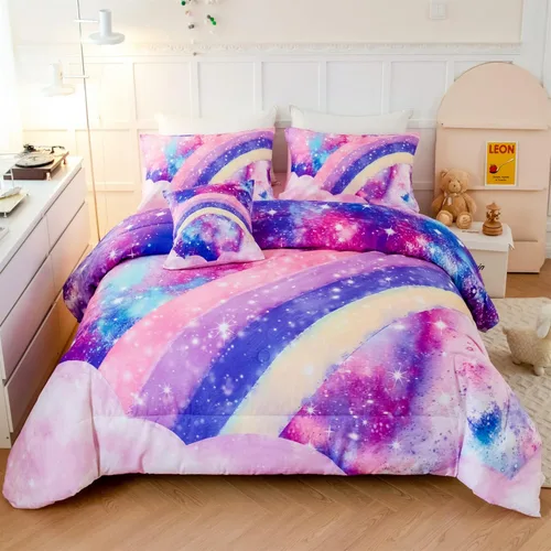 ANGIYUIN Juego de ropa de cama de 6 piezas rosa tamaño completo en una bolsa para niñas, juego de edredón 3D de color arcoíris con ataduras, ropa de
