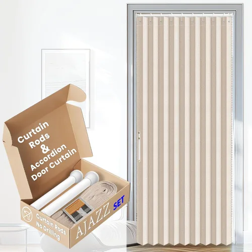 AJAZZ Conjunto: Barras para cortinas sin perforación (28-39" de ancho) y cortina acordeón para puerta, beige 43" de ancho × 78" de largo, puertas