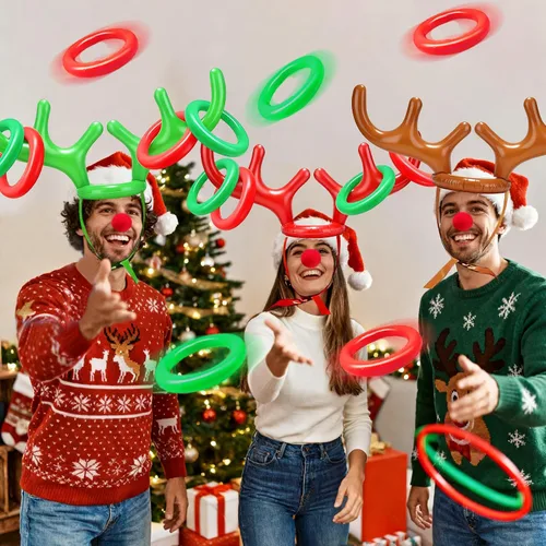 Miniatura 5 de Juego de 18 piezas de 3 anillos inflables de cornamenta de reno para lanzar juegos de fiesta de Navidad, juguetes familiares para niños, relleno
