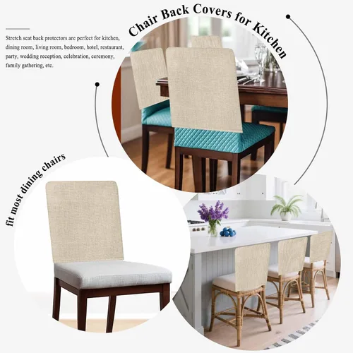 Miniatura 7 de Paquete de 4 fundas de lino beige para sillas de comedor, color liso puro, lavable, extraíble, fundas para sillas de respaldo, funda de respaldo