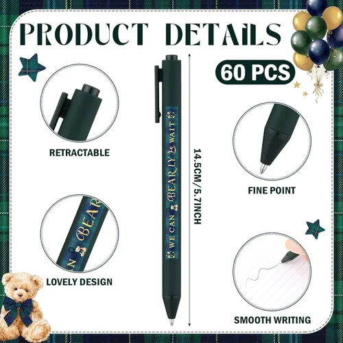 Miniatura 2 de Kisston 60 Pcs Bear Baby Shower Pens Favors Gifts Bulk for Guests Green and Blue Plaid Pens Neutral Gender Reveal Baby Shower Prizes Souvenirs