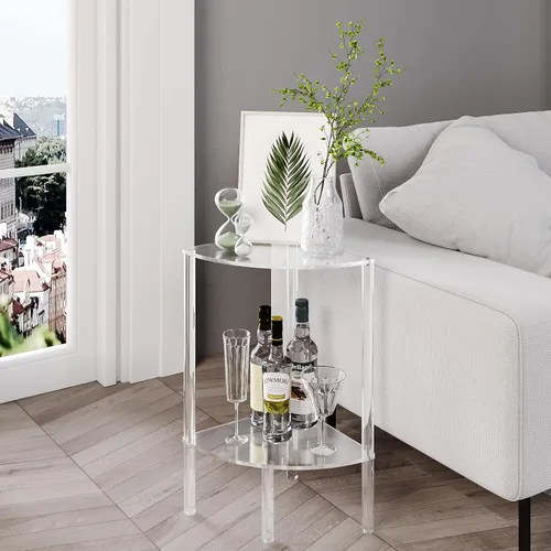 Miniatura 2 de Eglaf - Mesa auxiliar de esquina acrílica de 2 niveles, mesa auxiliar transparente Triangle Side Table, Fan-Shaped Corner Table for Living Room