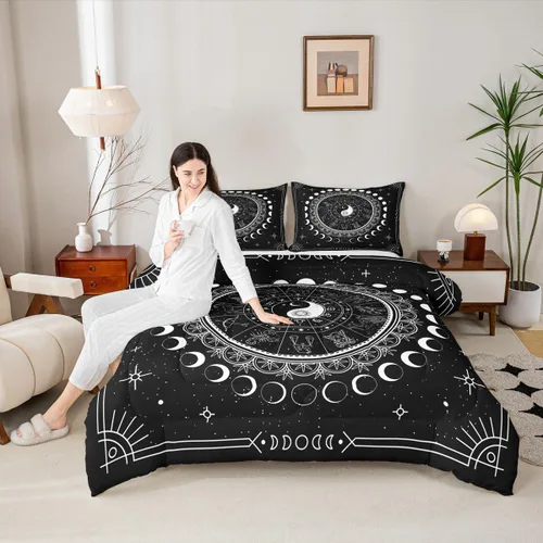 Miniatura 12 de Juego de edredón de champiñones para niños, tamaño individual, juego de ropa de cama romántica con sol, luna, cielo estrellado y galaxia, decoración