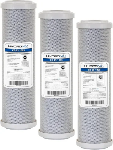 Hydronix CB-25-1005 Sistema de RO y Beber para toda la casa NSF Filtro de agua de bloque de carbono de coco 2.5 x 10-5 micrones (paquete de 3)