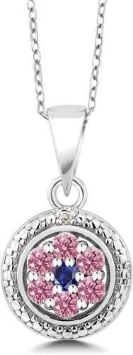 Gem Stone King Collar con colgante redondo de plata de ley 925 con diamantes cultivados en laboratorio y zafiro azul para mujer (0.35 quilates, con