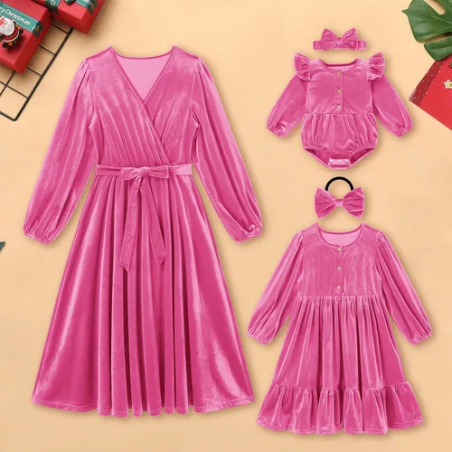 Miniatura 3 de AWIBMK Vestidos de Navidad para mamá y yo, vestido de terciopelo de manga larga, otoño, invierno, Navidad, vacaciones, mamá, hija, trajes a juego