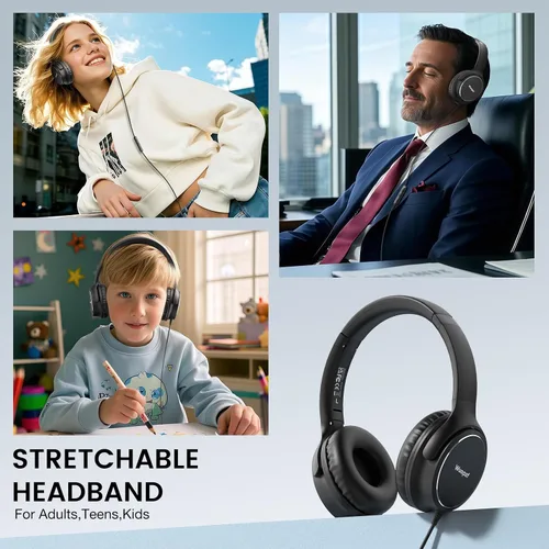 Miniatura 4 de Auriculares con cable USB C sobre la oreja con micrófono, control de volumen, puerto compartido y diadema ajustable, auriculares estéreo plegables