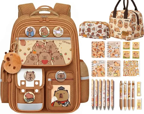 Miniatura 7 de Mochila Capybara impermeable, bolsa capybara Kawaii de gran capacidad con accesorios de 31 piezas, Azul
