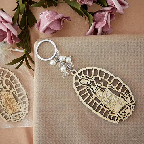Miniatura 4 de Hicarer Llavero de madera con diseño de bautismo Nuestra Señora de Guadalupe con bolsas de regalo de organza para bautismo, bautizo, comunión