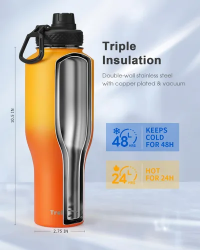 Miniatura 3 de Trebo Botella de agua aislada de 40 onzas que cabe en el soporte para tazas, botellas de acero inoxidable, vaso de metal de doble pared con tapas