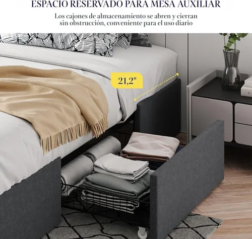 Miniatura 3 de Allewie - Base de cama tamaño matrimonial con plataforma, 3 cajones de almacenamiento, tapizada en tela, soporte de listones de madera, no necesita