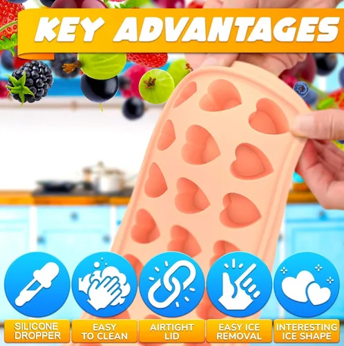 Miniatura 5 de Bandeja para cubitos de hielo con tapa – Molde de silicona de 24 cavidades para forma de corazón y dulces – Moldes flexibles, resistentes al calor e