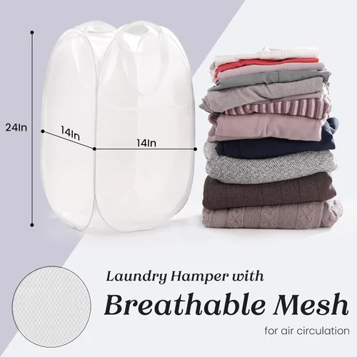 Miniatura 5 de TECHMILLY Cesta plegable de malla para la ropa sucia con asas resistentes y bolsillo lateral, cestas plegables portátiles para ropa para dormitorio