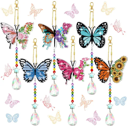 Tradder Juego de 6 carillones de viento con diseño de diamantes de mariposa, decoración de árbol de verano, adornos de pintura de diamante 5D con