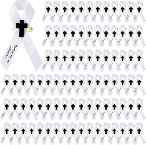 Miniatura 9 de Geosar 100 cintas funerarias conmemorativas, pasadores de cruz, lazo de respeto conmemorativo con pasadores de seguridad y cruz para el día del Negro