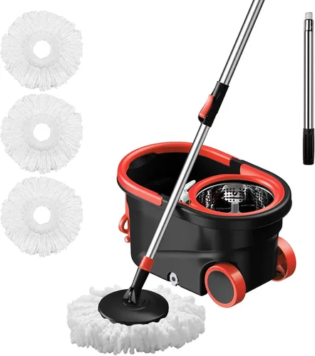 Miniatura 8 de Juego de trapeador giratorio y cubo con juego de escurridor, sistema de cubo de trapeador con cabezal giratorio de 360° con 3 repuestos de trapeador