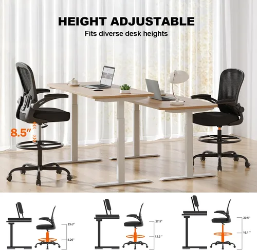 Miniatura 4 de Silla de Dibujo Ergonómica, Silla de Oficina Alta con Reposabrazos Abatibles, Silla de Escritorio Alta de Malla Transpirable con Soporte Lumbar