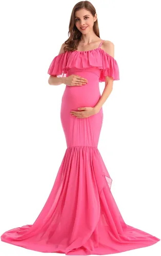 Miniatura 7 de MYRISAM Vestido de maternidad con volantes y hombros descubiertos para mujer, vestido de fiesta de sirena de gasa, vestido ajustado