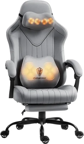 Dowinx Silla de videojuegos para videojuegos con masaje de cuello Shiatsu y soporte lumbar para el hogar, oficina, reclinable, altura ajustable, Gris