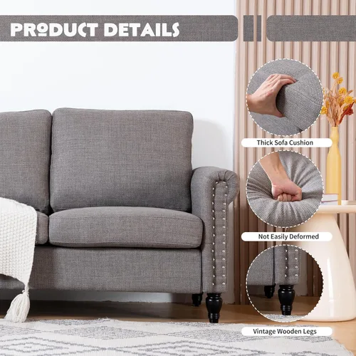 Miniatura 7 de J.C.UP Sofá biplaza de 57 pulgadas, sofás pequeños para sala de estar con tela de lino, cómodo sofá tapizado para dormitorio con patas de madera Gris