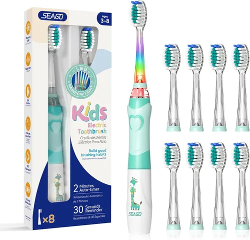 SEAGO Cepillo de dientes eléctrico para niños con temporizador de cepillado de 2 minutos y 8 cabezales de cepillo de repuesto, la luz LED arcoíris