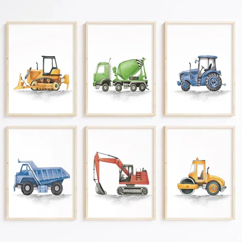 Joocrise Juego de Arte de Pared de Camiones para Niños Set de 6 Decoración de Pared en Lienzo de Vehículos Camiones Arte de Pared de Construcción