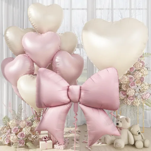 Miniatura 18 de Globos de Corazón Beige Neutro de 30", Globos de Papel de Aluminio con Lazo Grande, 10 Piezas de Globos Gigantes de Lazo Crema de 38" con Juego