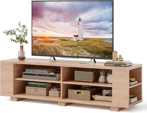 Miniatura 9 de KOTEK Soporte de TV de madera para televisores de hasta 65 pulgadas, mesa consola de TV con 8 estantes de almacenamiento abiertos, moderna mesa