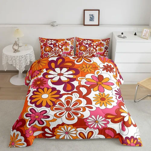 Miniatura 28 de Lindo juego de edredón de flores para niños y mujeres. Juego de ropa de cama de flores coloridas de dibujos animados, tamaño individual, bonito