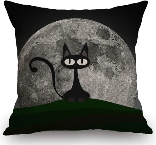 Swono Funda de cojín de arpillera con diseño de gato negro en una hermosa noche con luna llena, funda de cojín decorativa para sofá, sofá, cuadrado