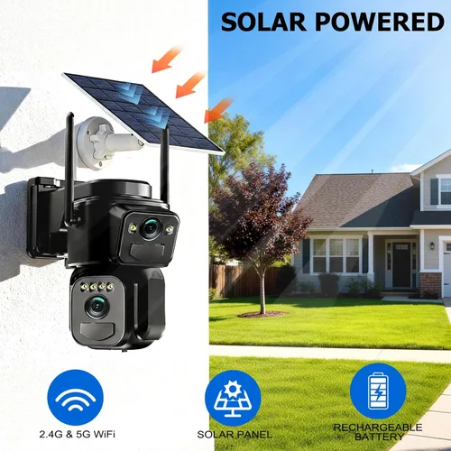 Miniatura 2 de Uniter Cámaras de seguridad solar de doble lente inalámbricas para exteriores, WiFi 5G/2.4G, visión de 360°, panorámica/inclinación, cámara