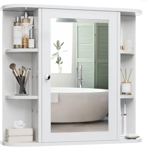 Miniatura 8 de Armario de espejo de baño montado en la pared, botiquín con espejo y 6 estantes abiertos, gabinetes de pared de baño modernos para medicamentos, gris