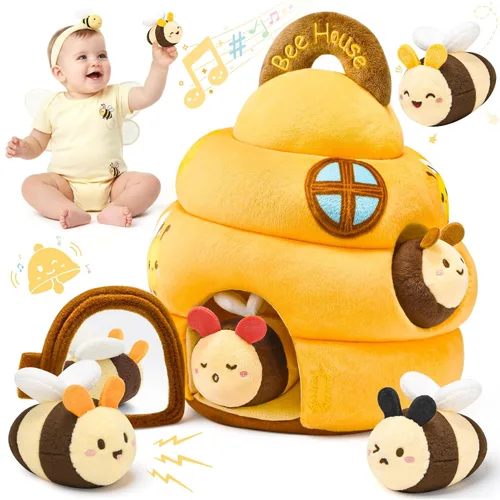 Juguetes para bebés de 6 a 12 meses - Juguete infantil de colmena con 5 abejas sensoriales, animales de peluche, crujido, sonajero, espejo y música,
